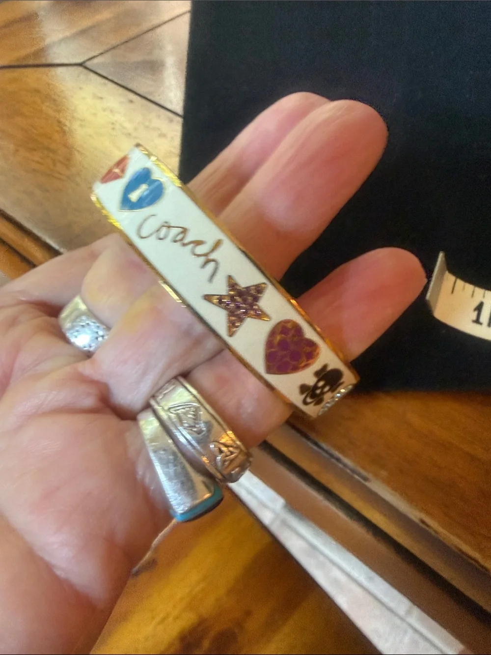 Coach Cream Enamel Logo Bangle and Ring Set with Multicolor Symbols